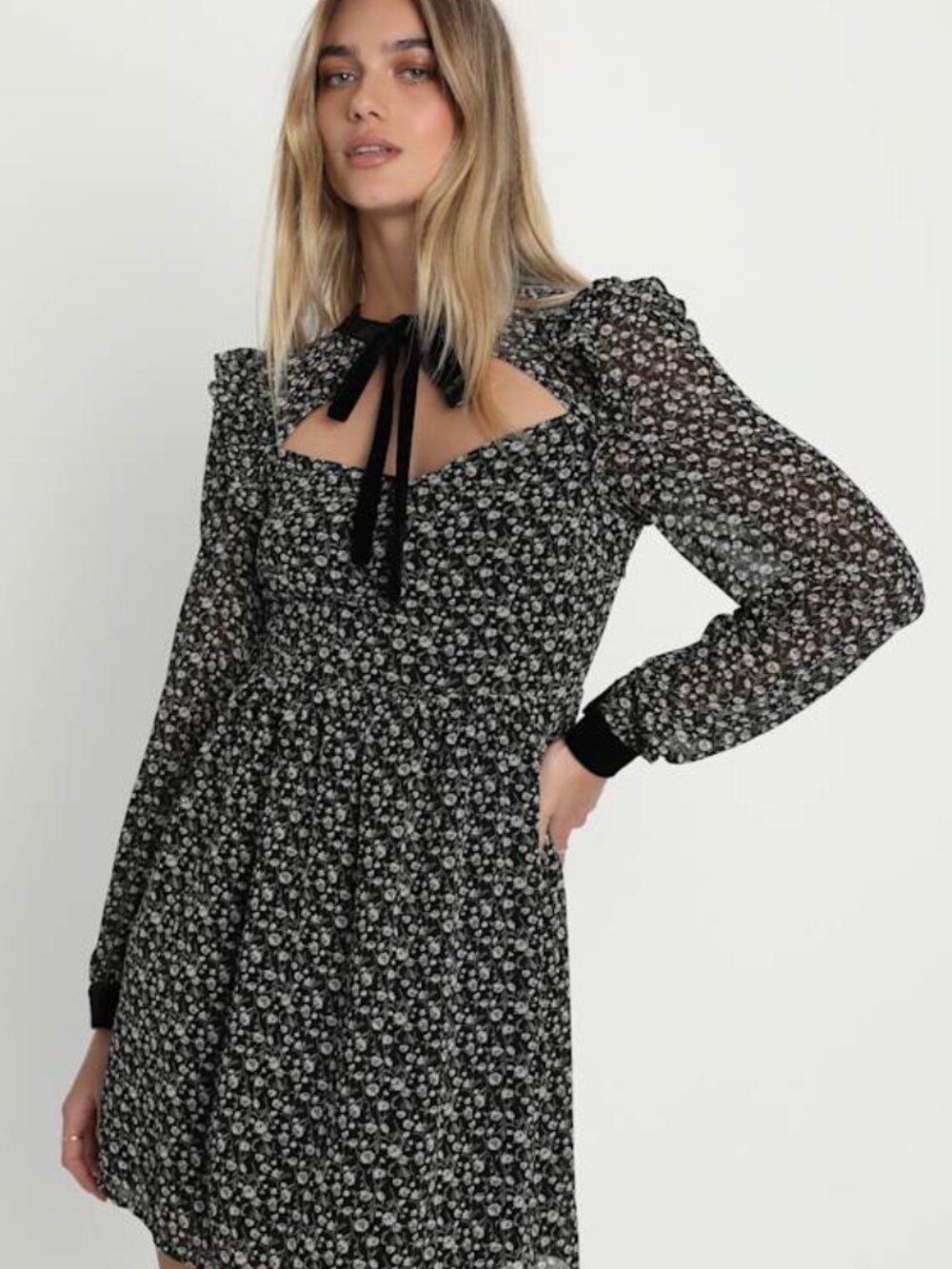 Lulus Posh Impression Black Floral Print Tie Neck Mini Dress - Size M